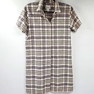 Button Front Shirt Dress Linen Cotton Cream w Blue & Green Plaid & Shoulder Pads